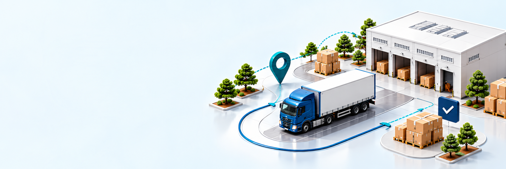 Logistics delivery process with truck, warehouse, GPS tracking and completed parcel